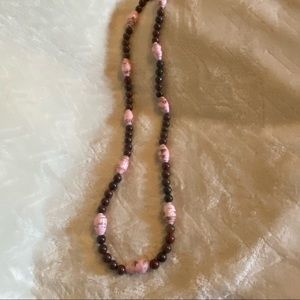 Lovely handmade upcycled necklace 25 inches long pink paper beads brown beads